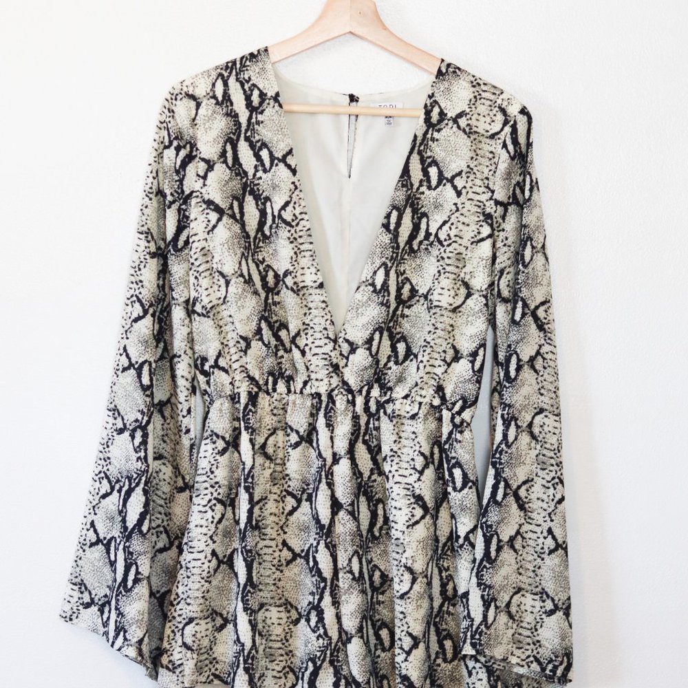 Tobi | Snakeskin Bell Sleeve Deep V Romper